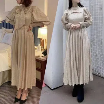 amerge 데콜테 슬릿 롱 원피스 원피스 아멜쥬 베이지