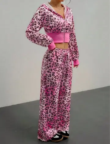 SHEIN EZwear 셋업 핑크 표범 무늬 벨로아 후드티 스웨트 팬츠