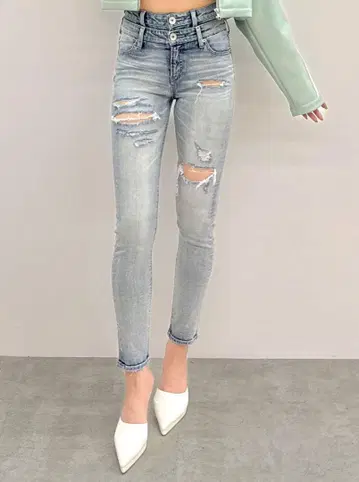 W 허리 데미지 스키니 데님 팬츠