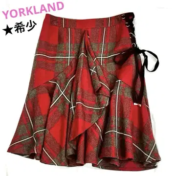 YORKLAND 울 100% 체크 스커트 레이스업 리본 프릴