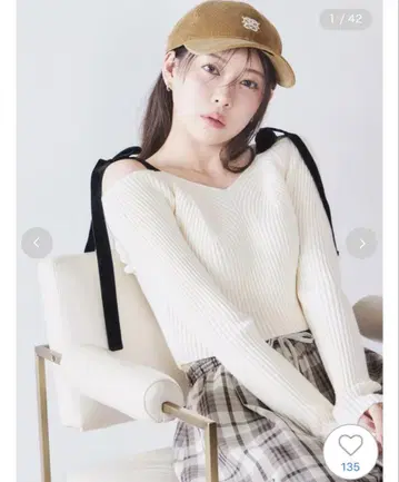 SNIDEL 스나이델 숄더 리본 오프숄더 니트 풀오버