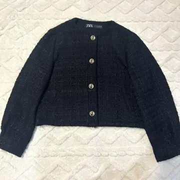 ZARA 블랙 노카라 자켓 트위드 골드 버튼 EUR L