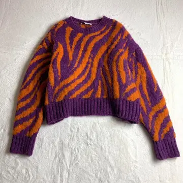 [ 니트 크롭 제브라 패턴 보라색 오렌지 바이컬러 독특한 구제 의류 ]