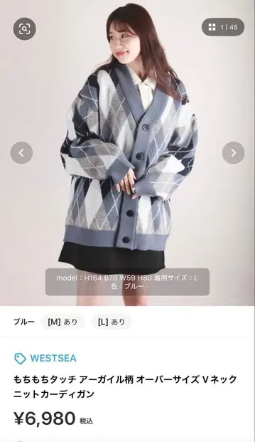 WESTSEA 아가일 무늬 오버 사이즈 V넥 가디건 L 사이즈