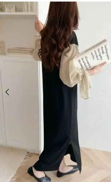 시어 소매 V넥 원피스 블랙 택 포함