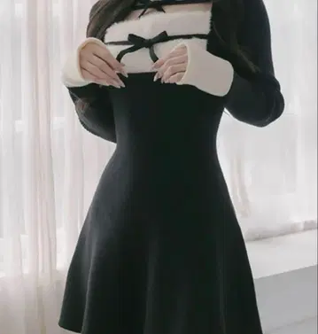 다리치 리본 퍼 플레어 니트 미니 원피스 FREE 블랙