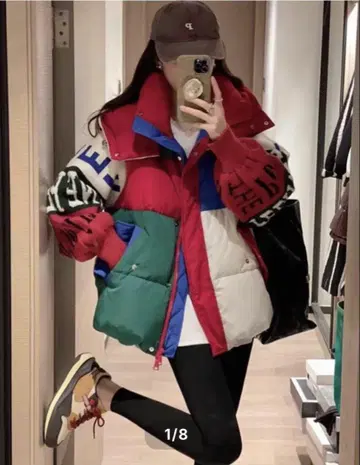 미사용 컬러 블록 다운 자켓 여성용 컬러풀