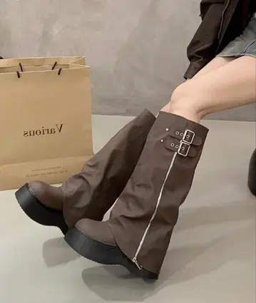 브라운 롱 부츠 지퍼 포함