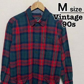 90s USA 구제 의류 플란넬 셔츠 M 레드 그린 타탄 체크 패턴 긴팔