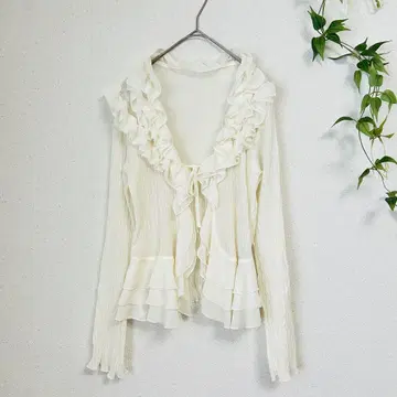 프릴 가득 쉬폰 블라우스 가디건 아이보리 [ M ] 리본 끈 포함