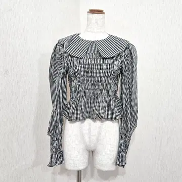 자라 깅엄 체크 셔링 블라우스 빅 칼라 화이트 블랙 ( S )