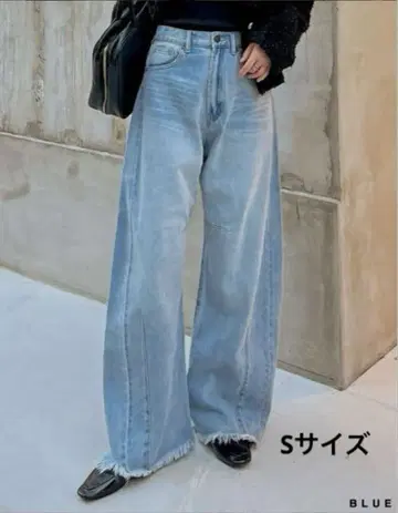 블루 와이드 팬츠 데님 프린지