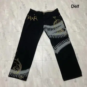 Delf 배기 팬츠 초와이드 데님 팬츠 자수 블랙 데님 B계