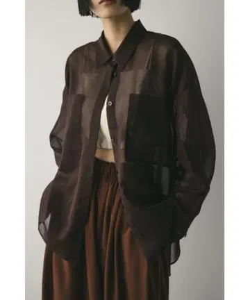 STYLEMIXER 루즈 포켓 시어 셔츠 다크 브라운