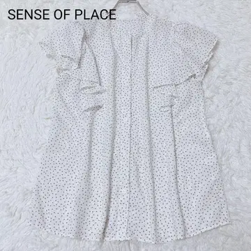 센스 오브 플레이스 블라우스 화이트 원사이즈 반팔 프릴 도트 올 패턴