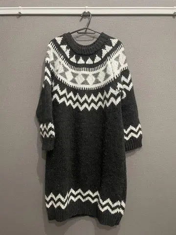 노르딕 무늬 긴팔 니트 원피스 그레이