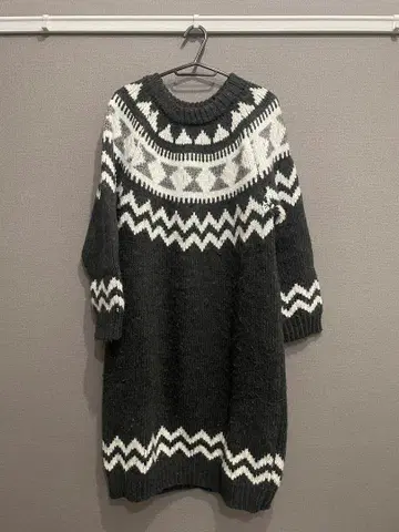 노르딕 무늬 긴팔 니트 원피스 그레이