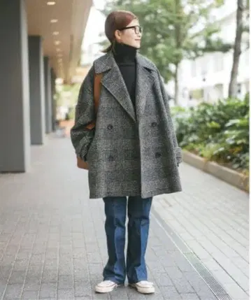 spick and span W 체크 슬라이버 하프 코트