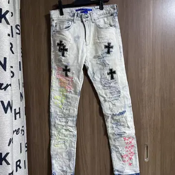 블루 느와르 스키니 데님 크로스 자수