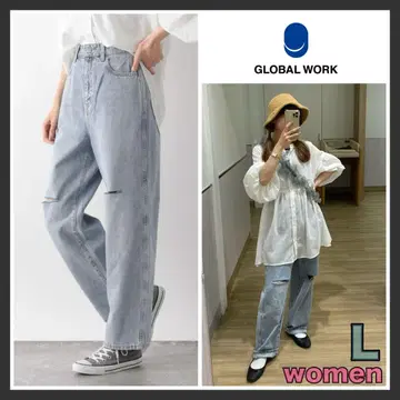 글로벌 워크 GOOD 데님 배기 팬츠 라이트 블루 데미지 데님 L