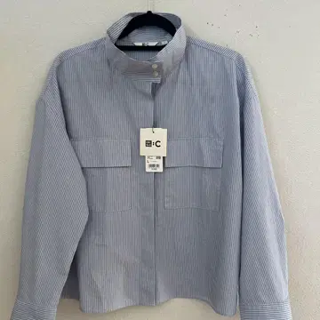 UNIQLO C 코튼 스탠드 카라 셔츠 자켓 스트라이프 블루 L
