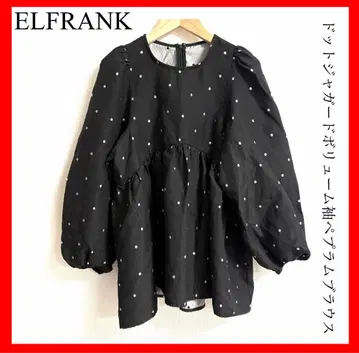ELFRANK 도트 자카드 볼륨 소매 페플럼 블라우스 블랙