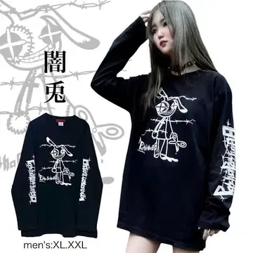 지뢰 지뢰계 롱 T셔츠 서브컬쳐 멘헤라 야미 야미 토끼 소매 프린트