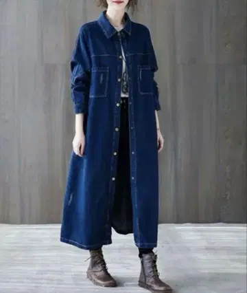 Dream garden 데님 롱 셔츠 원피스 데미지 가공 블루