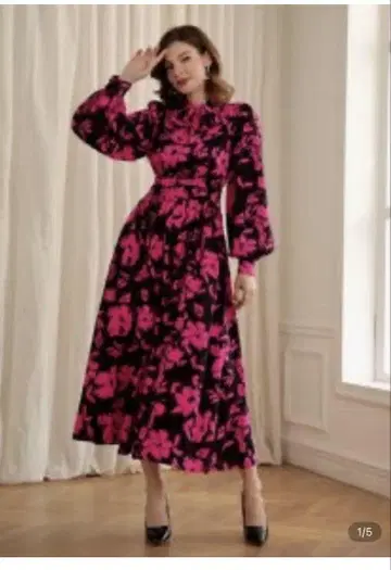SHEIN 꽃무늬 긴팔 롱 원피스 블랙x핑크