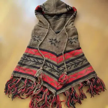 에스닉 후드 부착 니트 판초