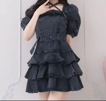 [ 새상품급 ] pium 피움 티어드 프릴 미니 원피스 블랙 데님