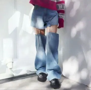EVRIS 체인 슬래시 와이드 데님 팬츠 아이스 블루 S