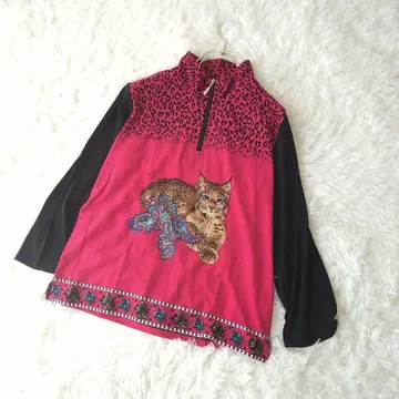 레오파드 표범 무늬 고양이 프린트 긴팔 상의 L 큐빅 스트레치