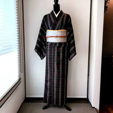 블랙 베이스 격자 무늬 코몬 워셔블 기모노 톨 사이즈 L (오비 증정)