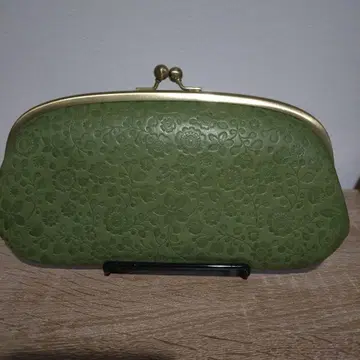 mini labo 천연 가죽 꽃무늬 엠보싱 W 가마구치 지갑 그린