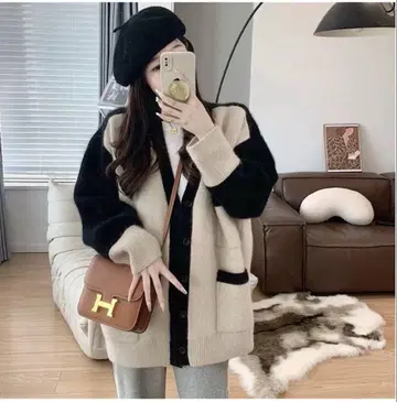 새상품 가디건 아우터 바이컬러 루즈핏 긴팔 체형 커버 한국 겨울