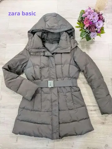 ZARA BASIC 그레이 후드 부착 롱 다운 자켓