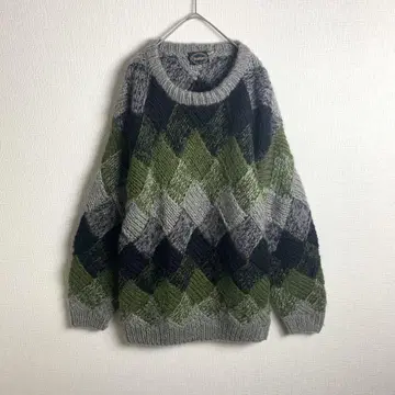 니트 손뜨개질풍 아가일풍 다이아 무늬 레트로 블랙 그레이 그린 구제 의류