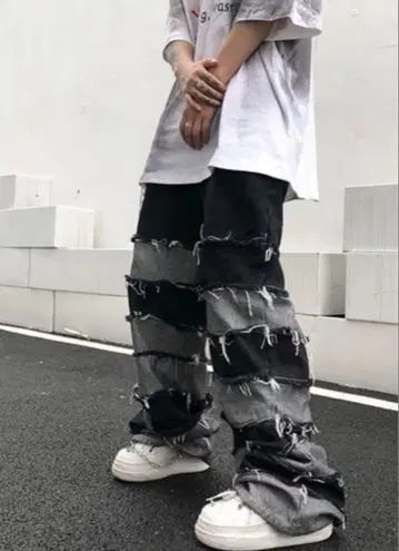 남성용 데님 팬츠 카고 팬츠 절개 디자인 지뢰 스트릿