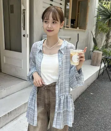 시어 체크 티어드 셔츠
