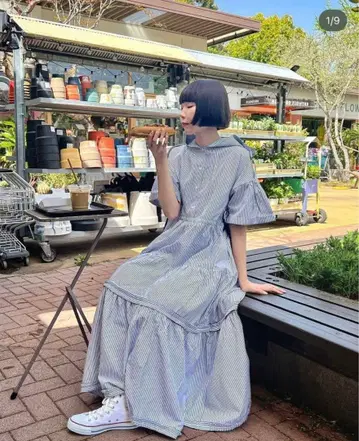 [ poppy 아사기니뇨 ] 후드 스트라이프 티어드 원피스