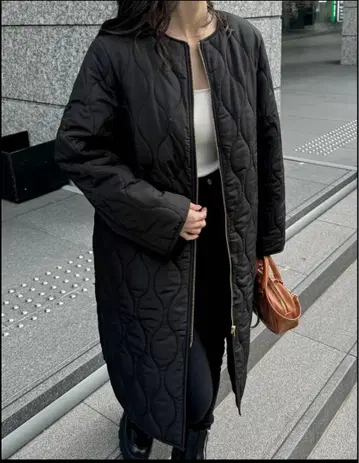 블랙 퀼팅 롱 코트