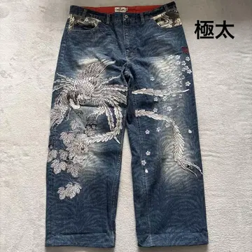 카라쿠리타마시 데님 불사조 초와이드 데님 일본풍 패턴 자수