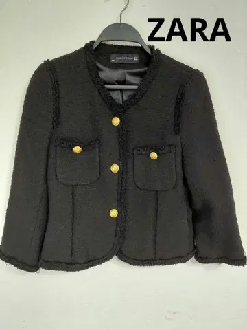 ZARA 트위드 노카라 자켓 블랙 S 골드 버튼 숏 기장