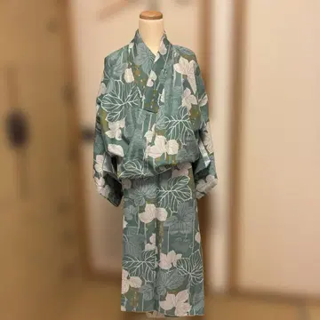 새상품급 워셔블 기모노 포도 패턴 그린 컬러 코몬 히로에리
