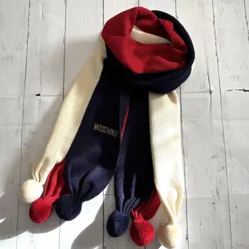 레어 MOSCHINO 모스키노 머플러 폼폼 부착 레드 화이트 네이비