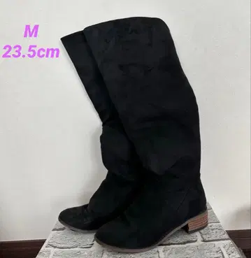RANDA 블랙 스웨이드 니하이 부츠 중간 힐 M 사이즈 23.5cm