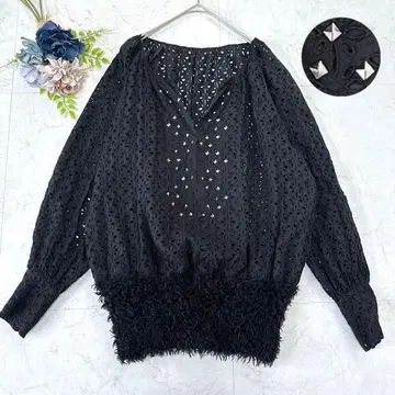 펀칭 레이스 자수 블라우스 스터드 페이크 페더 블랙