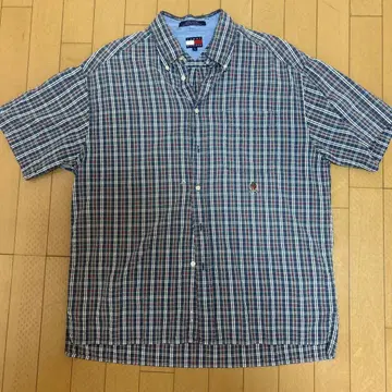 90s TOMMY HILFIGER 체크 무늬 반팔 셔츠 L 시어서커