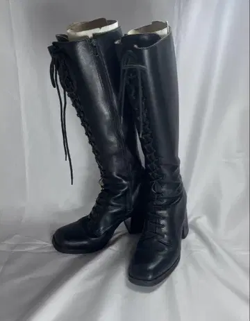 히미코 천연 가죽 롱 부츠 스퀘어토 레이스업 부츠 블랙 25cm